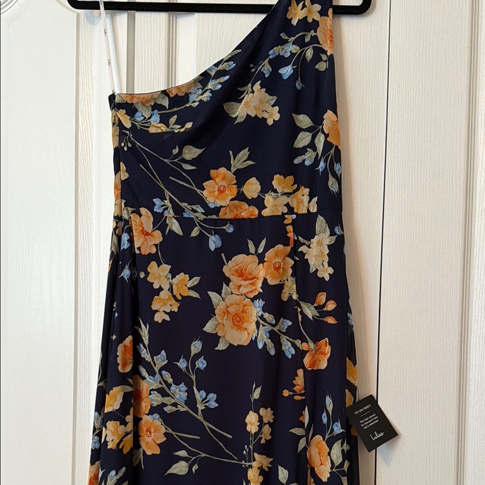 Navy One-Shoulder Floral Dress with Yellow Blooms